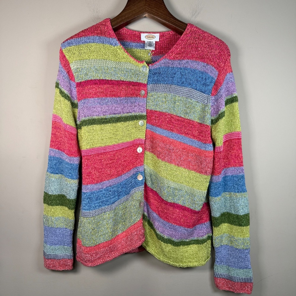 Talbots Vintage Colorful Rainbow Stripe Cardigan XL Beachy Coastal Resortwear